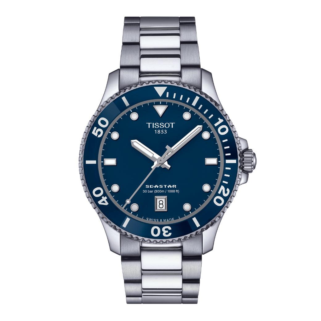 Tissot Seastar 1000 40 mm zeigt Zifferblatt in Blau mit Stahlglied und Datum, Modell T1204101104100.