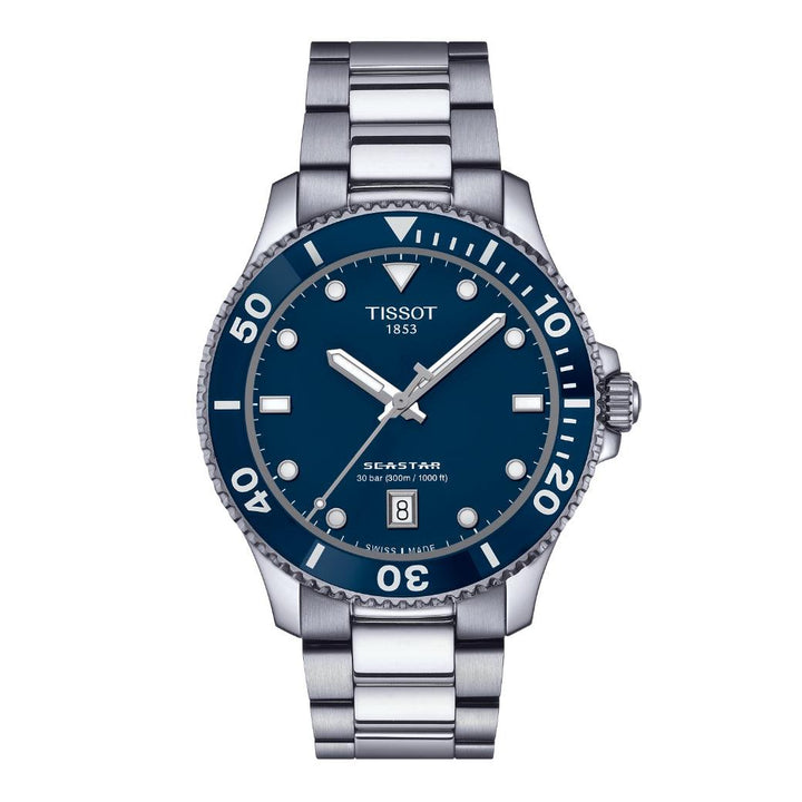 Tissot Seastar 1000 40 mm zeigt Zifferblatt in Blau mit Stahlglied und Datum, Modell T1204101104100.