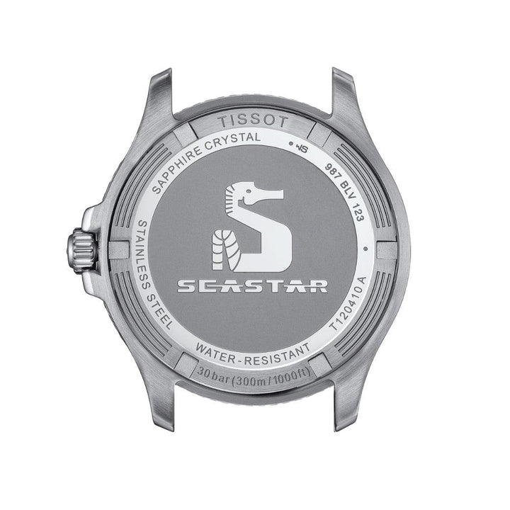 Tissot Seastar 1000 40-mm-Uhrenboden aus Edelstahl mit Seepferdchenmotiv und eingraviertem Text, Modell T1204102205100
