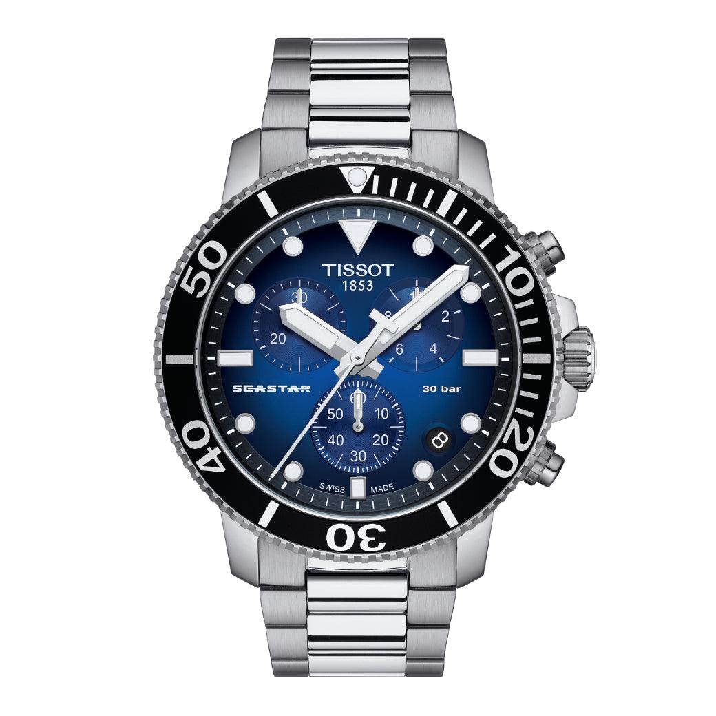 Tissot Seastar 1000 Chronograph mit blauem Zifferblatt, Stahlkette und schwarzer Krone. Modell T1204171104101