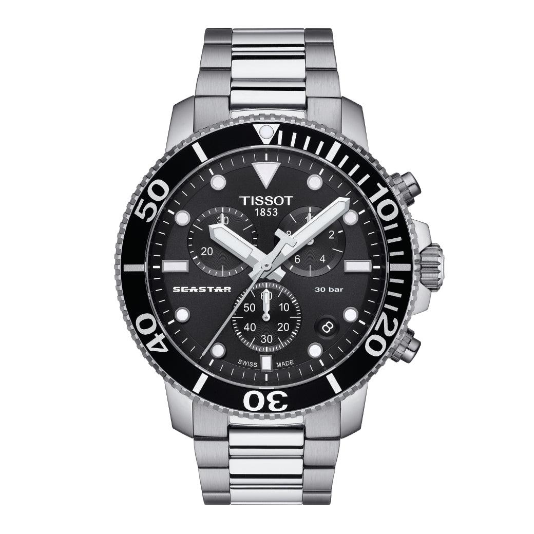 Tissot Seastar 1000 Chronograph zeigt eine Stahlarmbanduhr mit schwarzem Zifferblatt und deutlichen Chronographendetails, Modell T1204171105100.