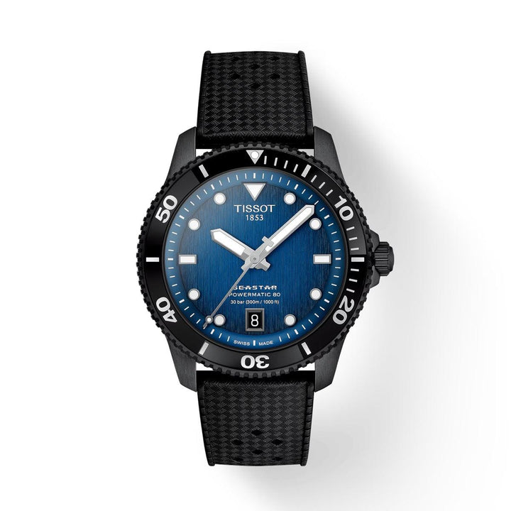 Tissot Seastar 1000 Powermatic 80 40 mm mit schwarzem Kautschukarmband und blauem Zifferblatt, Modell T1208073704100