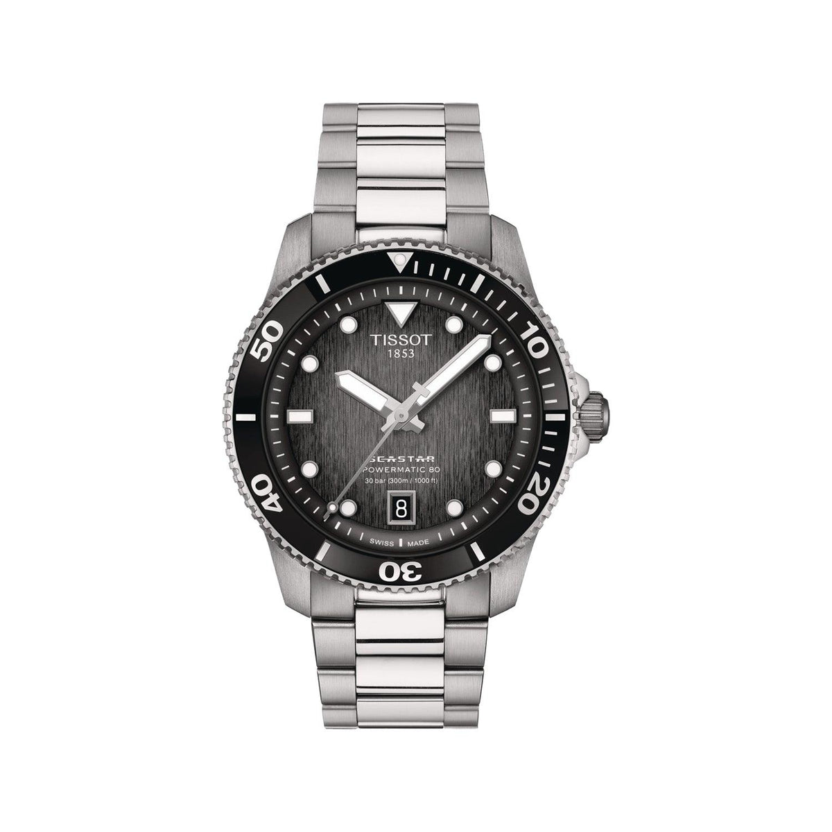 Tissot Seastar 1000 Powermatic 80 mit schwarzem Zifferblatt und Stahlglied, frontal dargestellt. Modell T1208071105100.