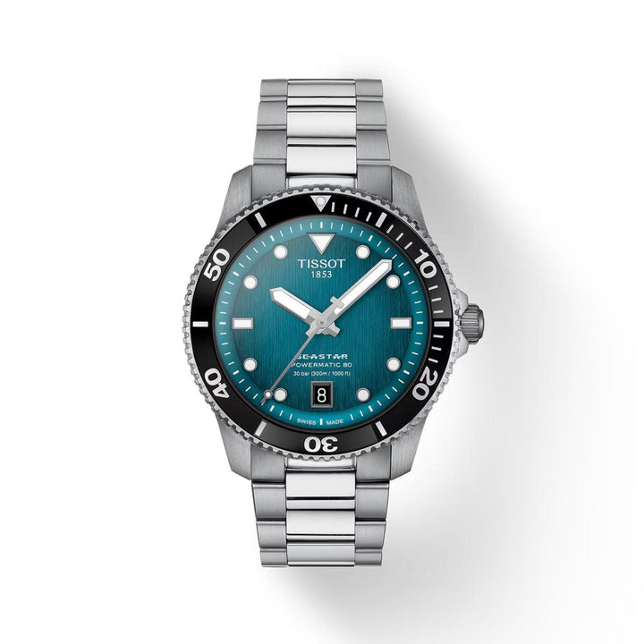 Tissot Seastar 1000 Powermatic 80 mit türkisfarbenem Zifferblatt, Stahlarmband und schwarzer Taucherlünette. Modell T1208071109100