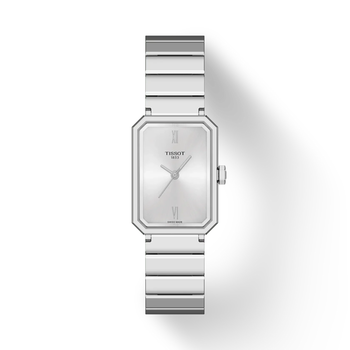 Tissot SRV 30 mm Stahlkette mit silberner Scheibe – elegante Uhr mit rechteckigem silberfarbenem Zifferblatt und Metallarmband. Modell T1601101103300