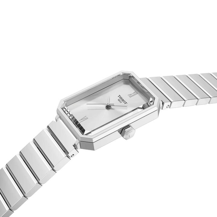 Tissot SRV 30 mm Stahlkette, silbernes Zifferblatt mit Nahaufnahme des eleganten quadratischen Gehäuses und Armbands. Modell T1601101103300