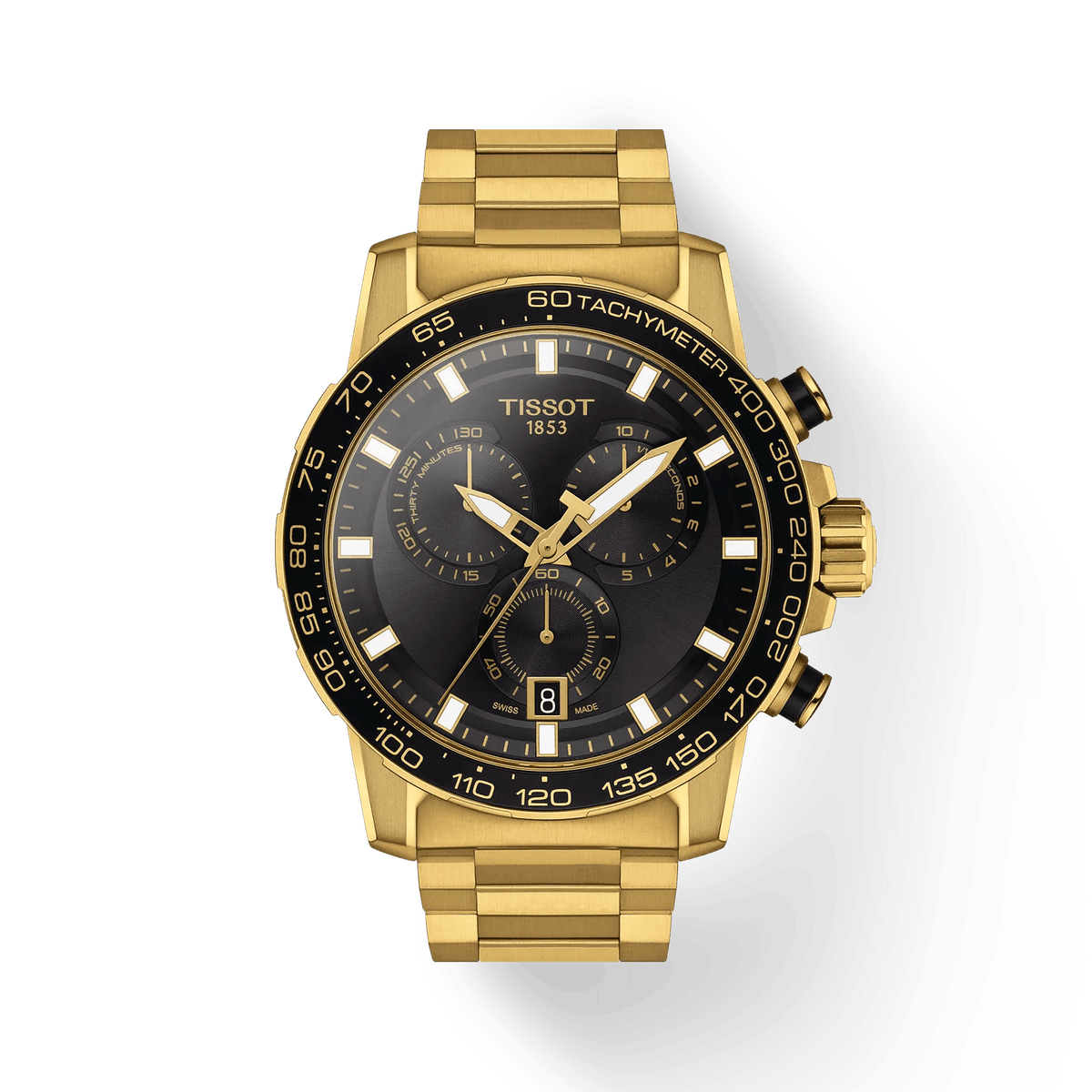 Tissot Supersport Chrono Gold PVD 45 mm Quarzuhr mit schwarzem Zifferblatt und Tachymeter. Modell T1256173305101
