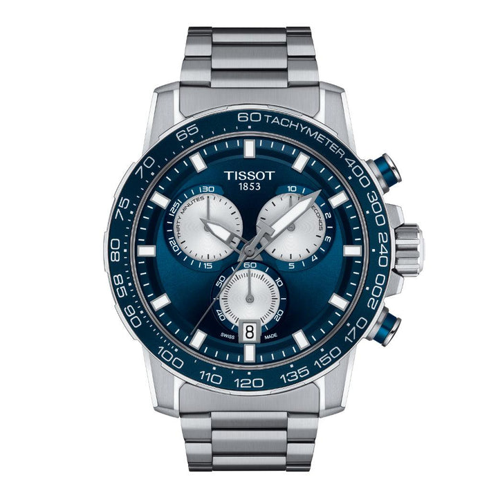Tissot Supersport Chrono T1256171104100 Uhr mit blauem Zifferblatt, Stahlkette und sportlichem Chronographen. Modell T1256171104100