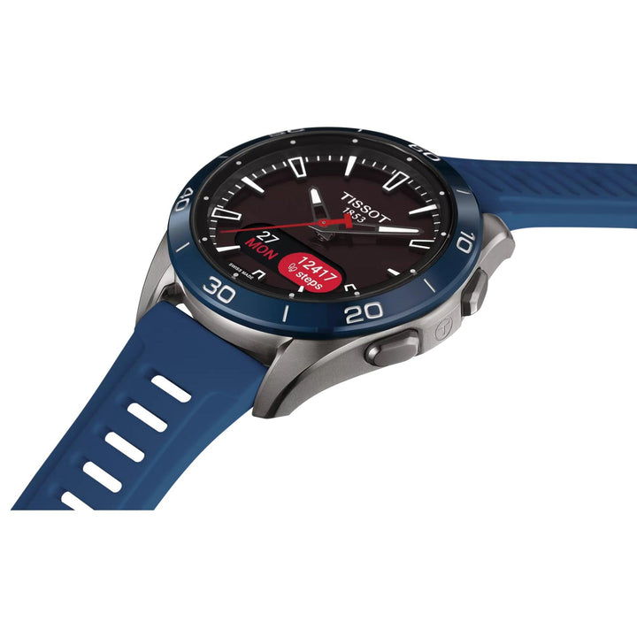 Tissot T-Touch Connect Sport mit blauem Zifferblatt und Kautschukarmband, Detail einer intelligenten Sportuhr. Modell T1534204705101