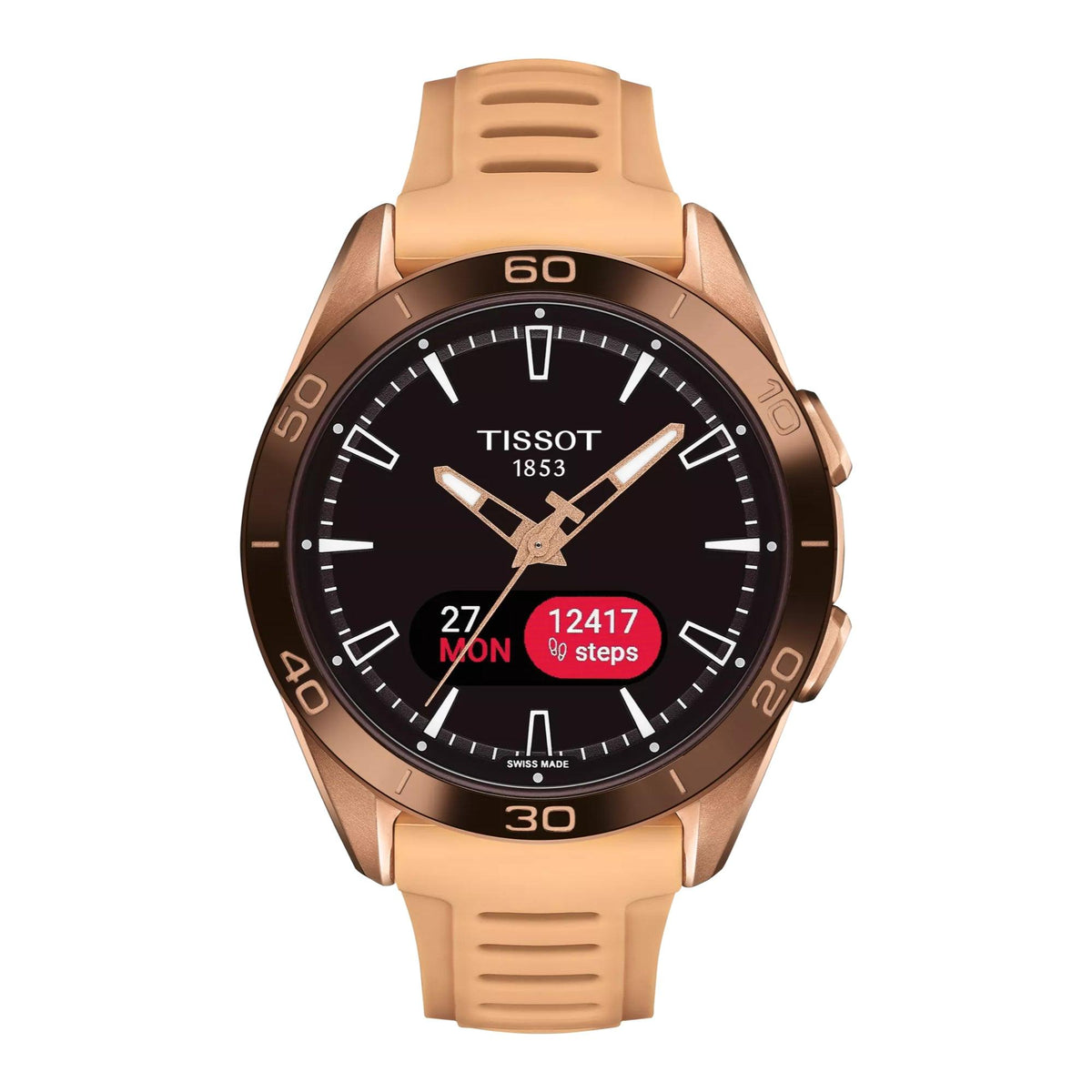 Tissot T-Touch Connect Sport Rose Gold PVD Smartwatch mit Kautschukarmband und schwarzem Zifferblatt, Modell T1534204705105.