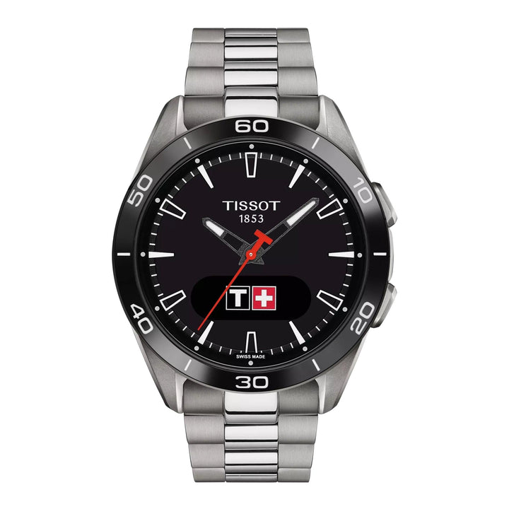 Tissot T-Touch Connect Sport Titanium mit schwarzem Zifferblatt und silbernem Titanarmband. Modell T1534204405100.