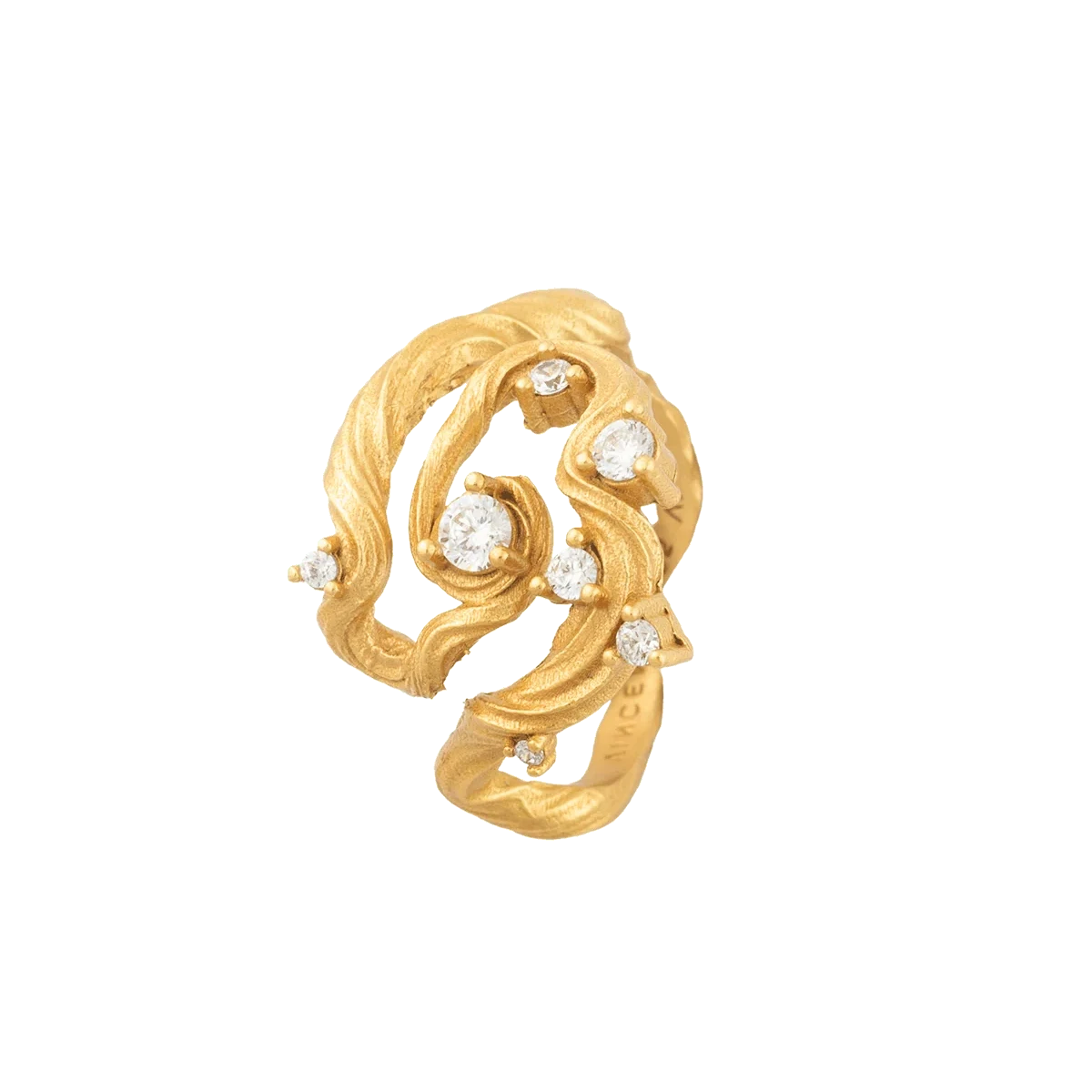 Vincent Aurum Roots Ring vergoldet mit weißen Kristallen, geschwungenem Blattmotiv und Steinen, Modell VJ251-URG-001