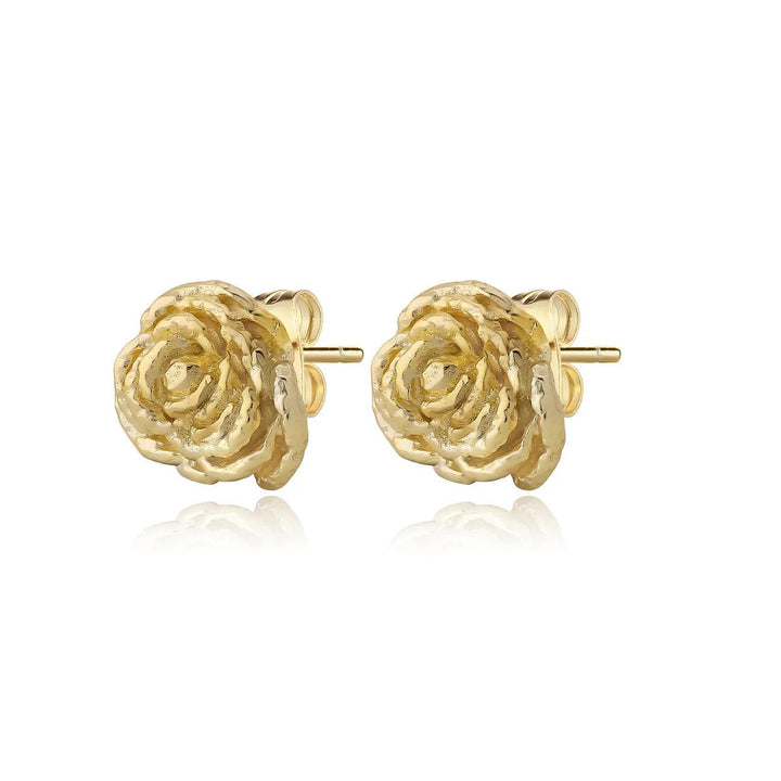 wioga-diana-gold-plattierte-rose-studs zeigen zwei vergoldete Ohrstecker, die als detaillierte Rosen gestaltet sind. Modell E-8811-GP.