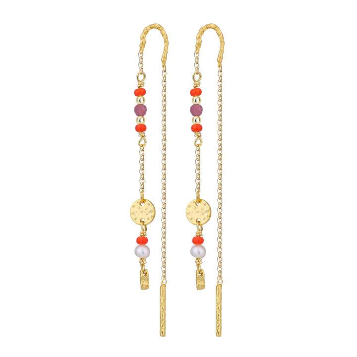 WiOGA Saphira-Ohrringe aus vergoldetem Silber mit dekorativen Perlen und Details in Gold. Modell E-8432-GP.