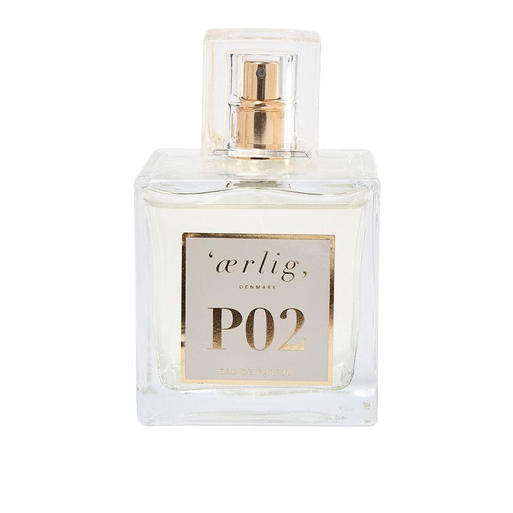 ærlig Eau de Parfum P02 100 ml Flakon mit goldenem Etikett und klarer Flüssigkeit, Modell p2-1