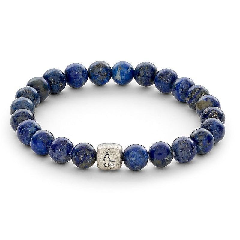 Alexander Lynggaard Armband Lapis 8 mm mit blauen Lapisperlen und quadratischen Silberdetails, Modell c00163-001-1.