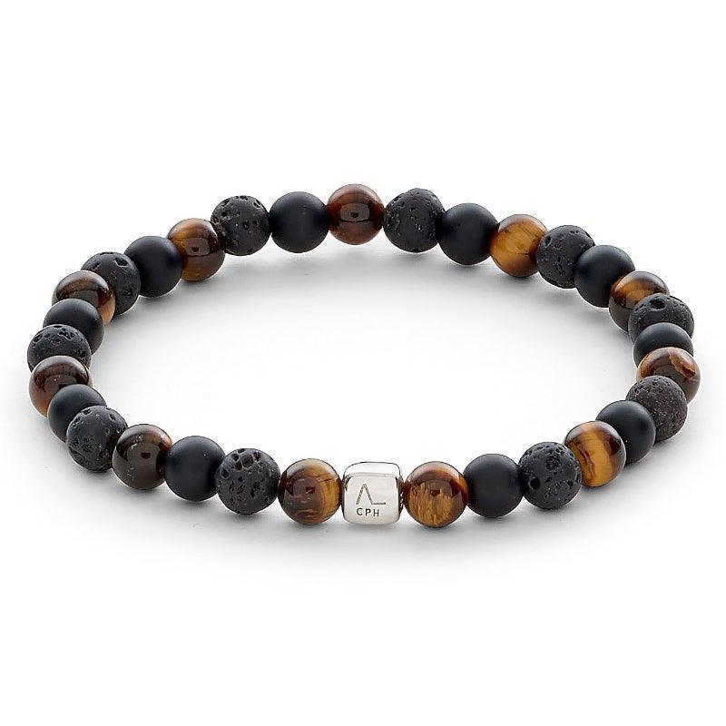 Alexander Lynggaard Armband Los Angeles 6 mm mit braunen Tigeraugenperlen, schwarzen Lavaperlen und mattschwarzen Details. Modell c20013-001.