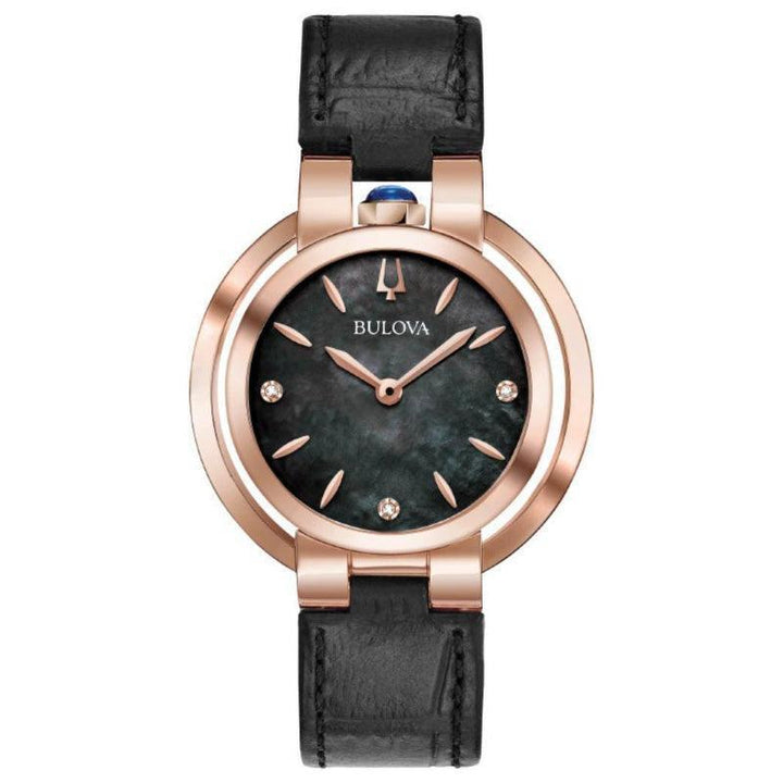 Bulova Rubaiyat Damenuhr mit schwarzem Perlmuttzifferblatt, roségoldfarbenem Gehäuse und schwarzem Lederarmband. Modell 97P139-97P139-1.