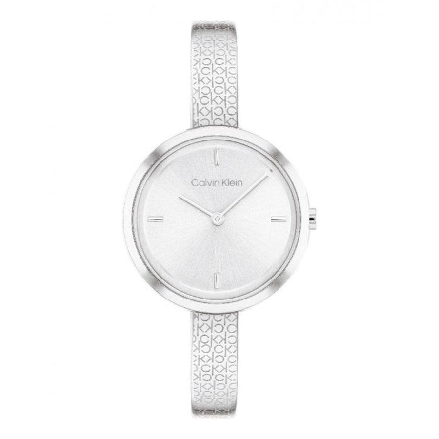 Calvin Klein Beam Damenuhr mit silbernem Zifferblatt und glänzendem CK-Musterarmband, elegante Uhr. Modell 25200181.