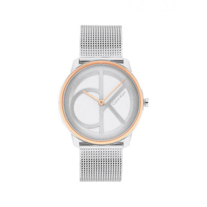 Calvin Klein Iconic Mesh Damenuhr, rundes Zifferblatt mit silbernem Mesh-Armband und goldenem Rand. Modell 25200033
