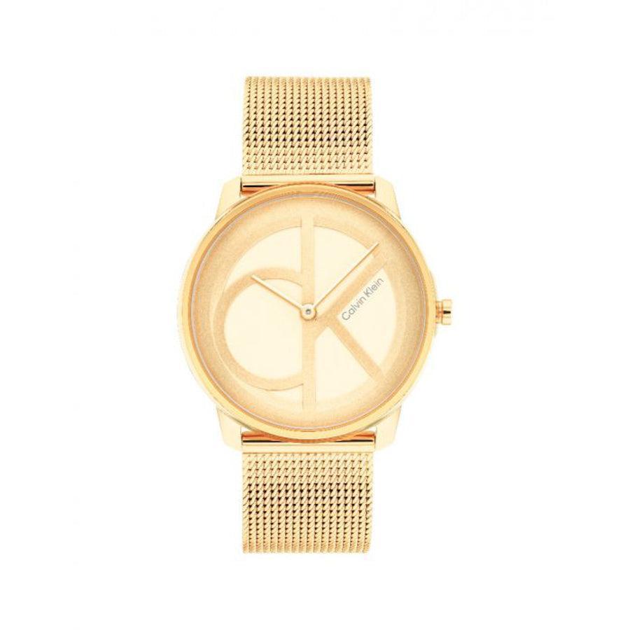 Calvin Klein Iconic Mesh Damenuhr mit goldenem Mesh-Armband und dezentem Logo auf dem Zifferblatt. Modell 25200034-25200034-1.
