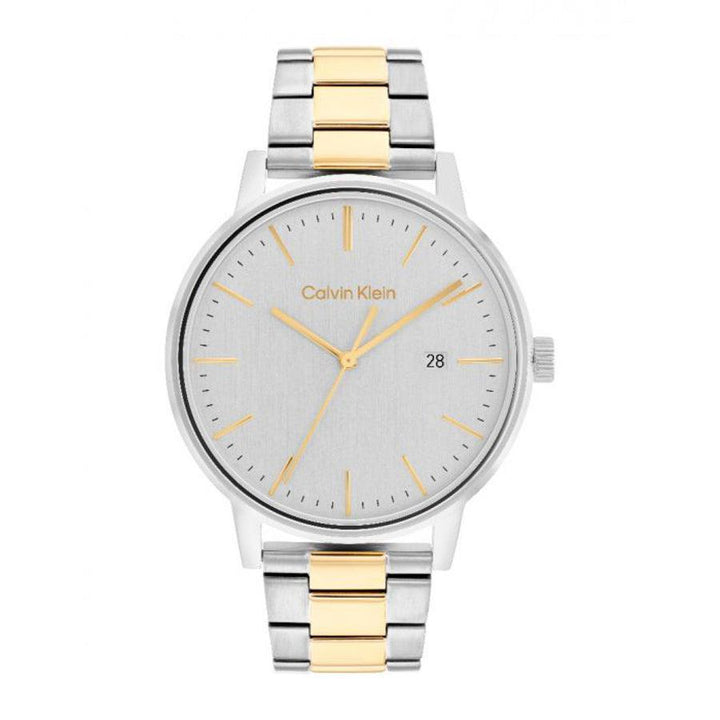 Calvin Klein Linked Bicolor Herrenuhr mit silbernem Zifferblatt und zweifarbiger Stahlkette. Modell 25200055.