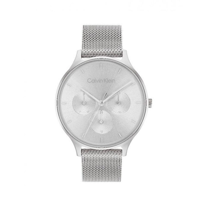 Calvin Klein Timeless Multifunktions-Damenuhr mit silbernem Zifferblatt, Mesh-Armband und minimalistischem Design. Modell 25200104-25200104-1