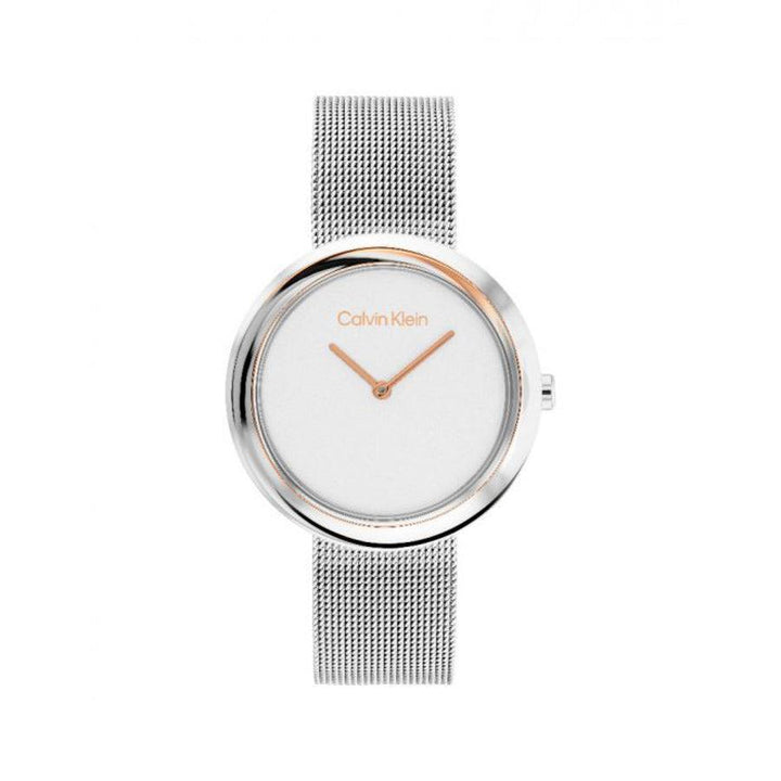 Calvin Klein Twisted Bezel Damenuhr mit silbernem Mesh-Armband und minimalistischem weißem Zifferblatt. Modell 25200011-1.