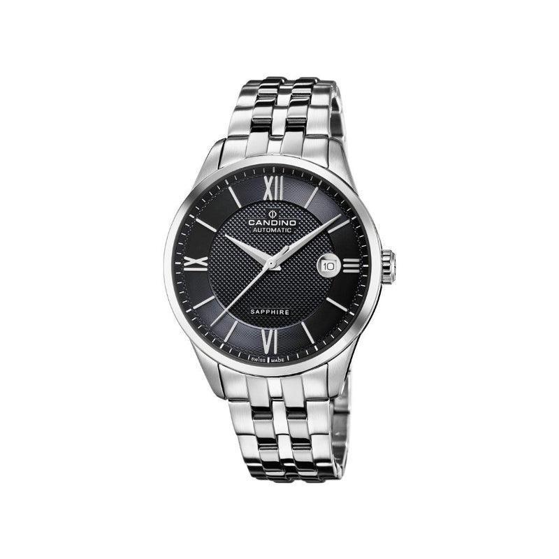 Candino Automatik-Herrenuhr mit schwarzem Zifferblatt, römischen Ziffern und Stahlglied, Modell C47053-C47053-1