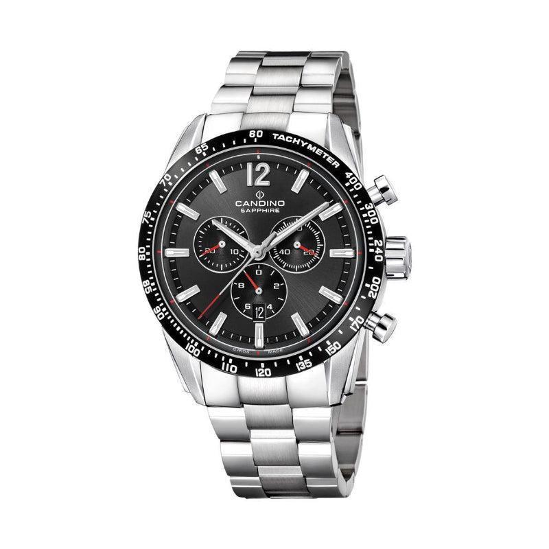 Candino C-Sport Herrenuhr mit schwarzem Zifferblatt, Chronograph und silberner Stahlkette. Modell C46823.
