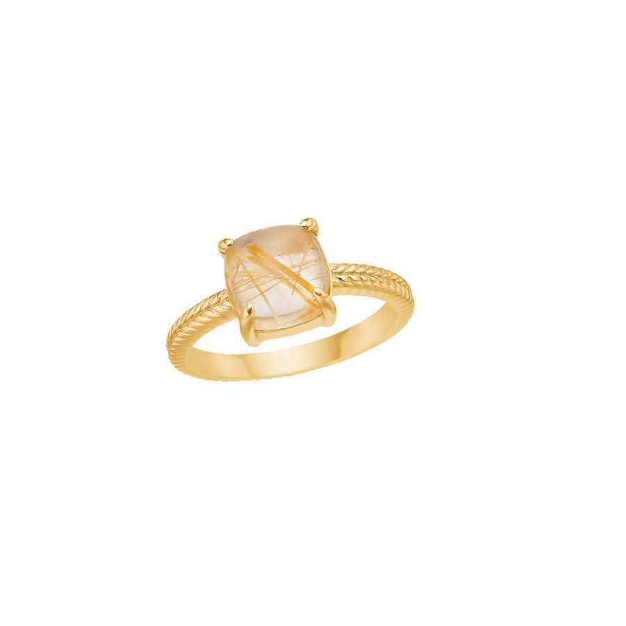 Carre-Ring mit Rutilquarz, quadratischer klarer Stein in goldfarbener Ringschiene, Modell fr4413grt-fr4413grt-001-1