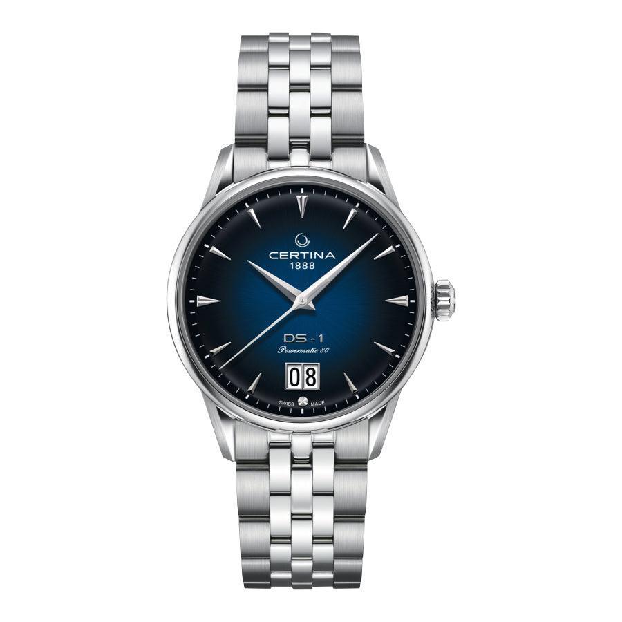 Certina DS-1 Big Date Powermatic 80 Herrenuhr mit blauem Zifferblatt und Stahlglied. Modell C0294261104100