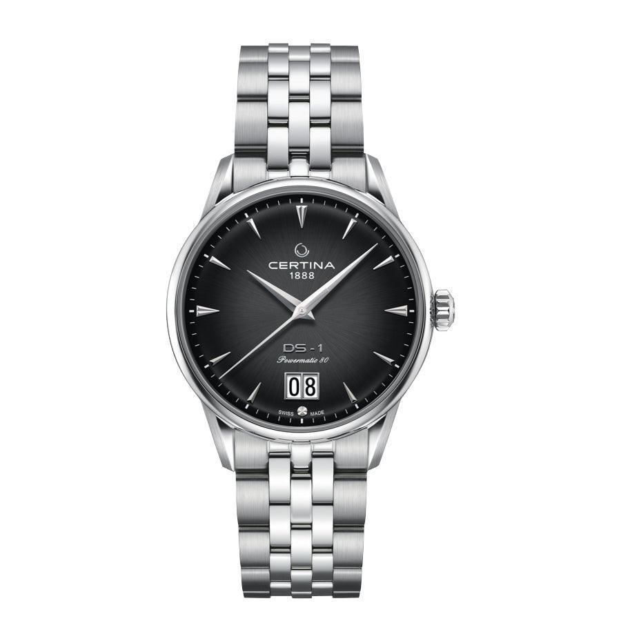 Certina DS-1 Big Date Powermatic 80 Herrenuhr mit schwarzem Zifferblatt und Stahlkette, Modell C0294261105100