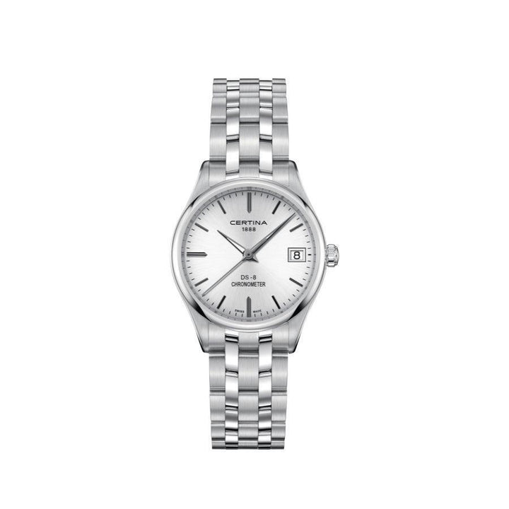 Certina DS-8 Damenuhr mit Stahlkette, silbernem Zifferblatt, elegantem Look und Datumsanzeige. Modell C0332511103100