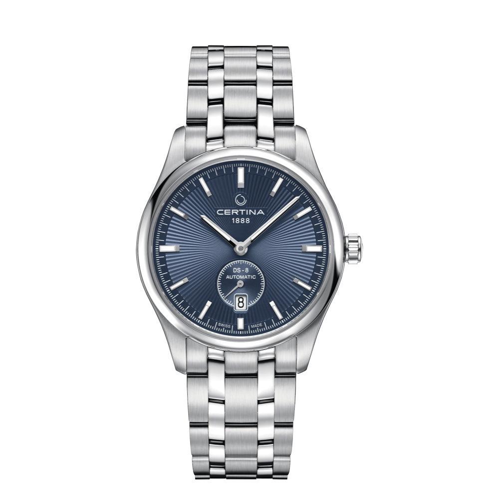 Certina DS-8 Stahlkette mit blauem Zifferblatt, klassische Herrenuhr aus Stahl mit blauem Zifferblatt. Modell C0334281104100