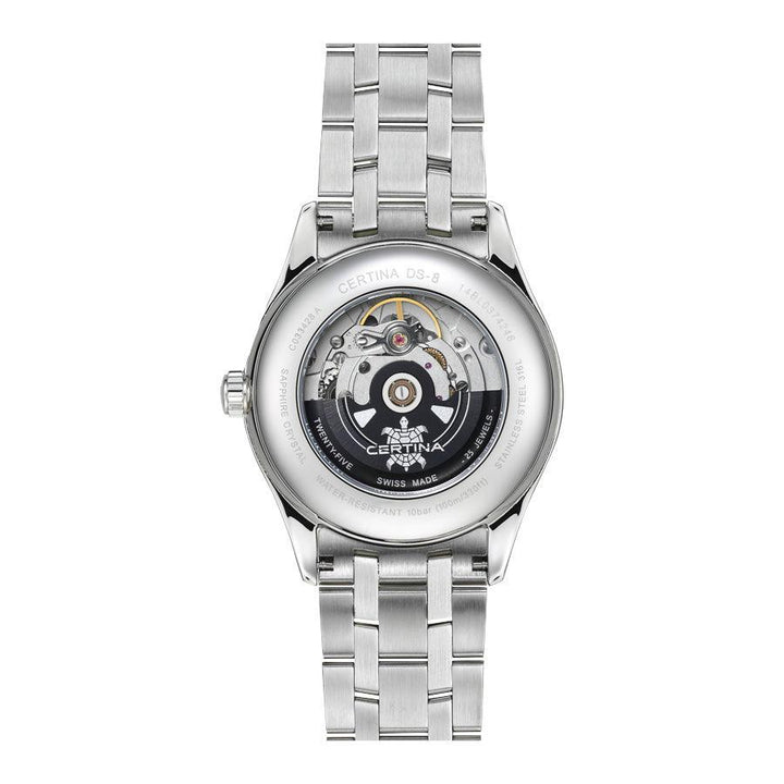 Certina DS-8 Stahlarmbanduhr von hinten mit sichtbarem Automatikwerk und silberfarbener Kette. Modell C0334281104100