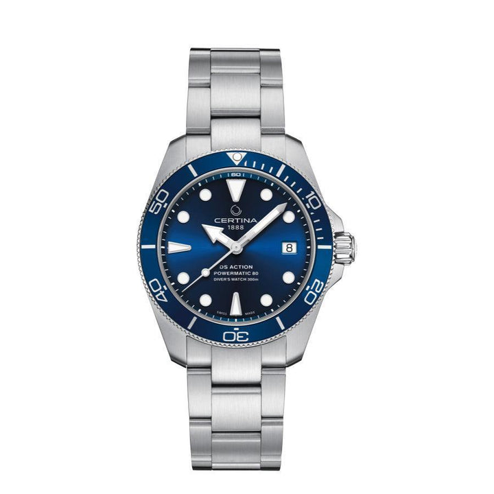 Certina DS Action Powermatic 80 mit blauem Zifferblatt und silberner Stahlkette. Modell C0328071104100.