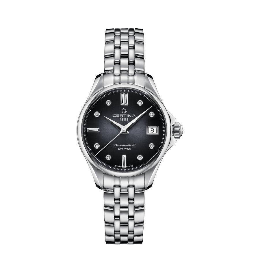 Certina DS Action Powermatic 80 Damenuhr mit schwarzem Zifferblatt und Stahlglied, Modell C0322071105600