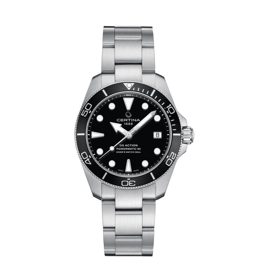 Certina DS Action Powermatic 80 mit schwarzem Zifferblatt und Stahlglied, sportliche Taucheruhr. Modell C0328071105100