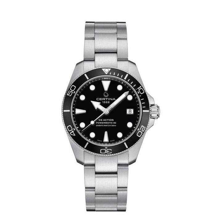 Certina DS Action Powermatic 80 mit schwarzem Zifferblatt und Stahlglied, sportliche Taucheruhr. Modell C0328071105100