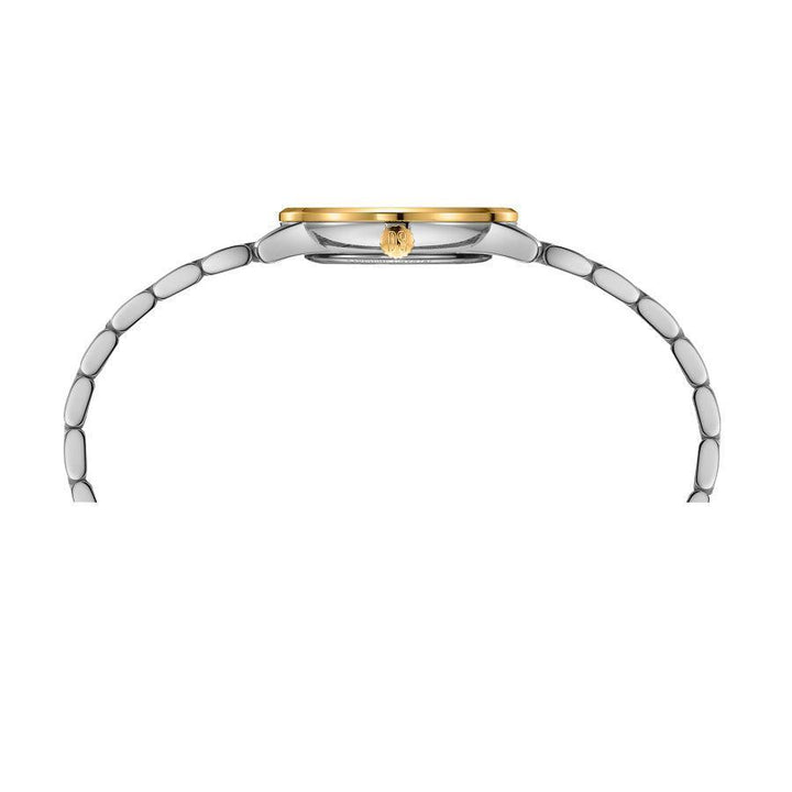 Certina DS Caimano Damenuhr von der Seite betrachtet, dünnes Uhrengehäuse aus Stahl mit goldfarbener Lünette, Modell C0352102203702.