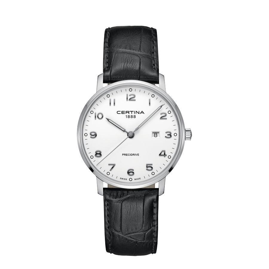 Certina DS Caimano Herrenuhr mit weißem Zifferblatt und schwarzem Lederarmband. Modell C0354101601200.