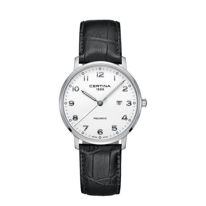 Certina DS Caimano Herrenuhr mit weißem Zifferblatt und schwarzem Lederarmband. Modell C0354101601200.