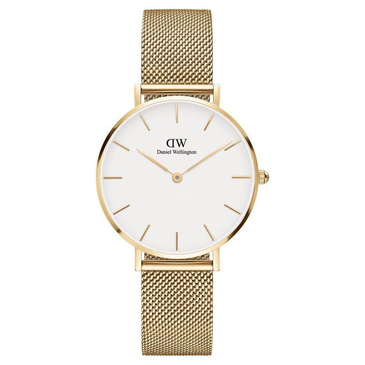 Daniel Wellington Classic Petite Evergold 32 mm Uhr mit weißem Zifferblatt und goldenem Mesh-Armband. Modell DW00100348-adw00100348.