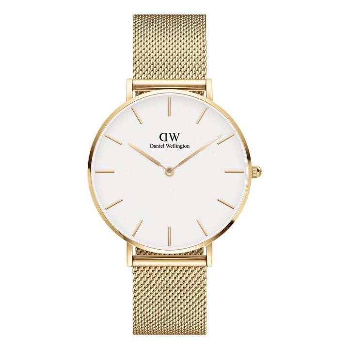 Daniel Wellington Classic Petite Evergold 36 mm Uhr mit weißem Zifferblatt und goldenem Mesh-Armband. Modell DW00100346