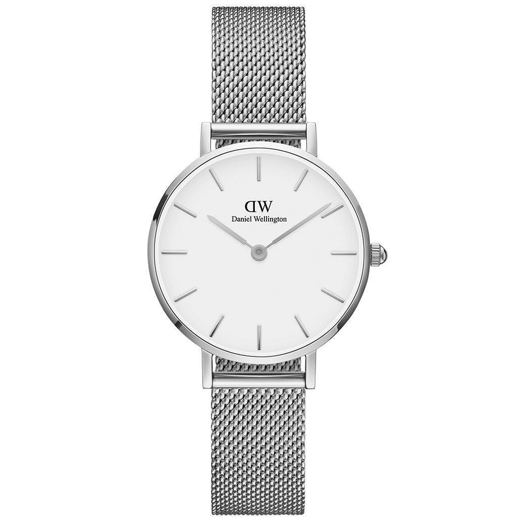 Daniel Wellington Classic Petite Sterling ur med sølv meshrem, forside. Model: DW00100220