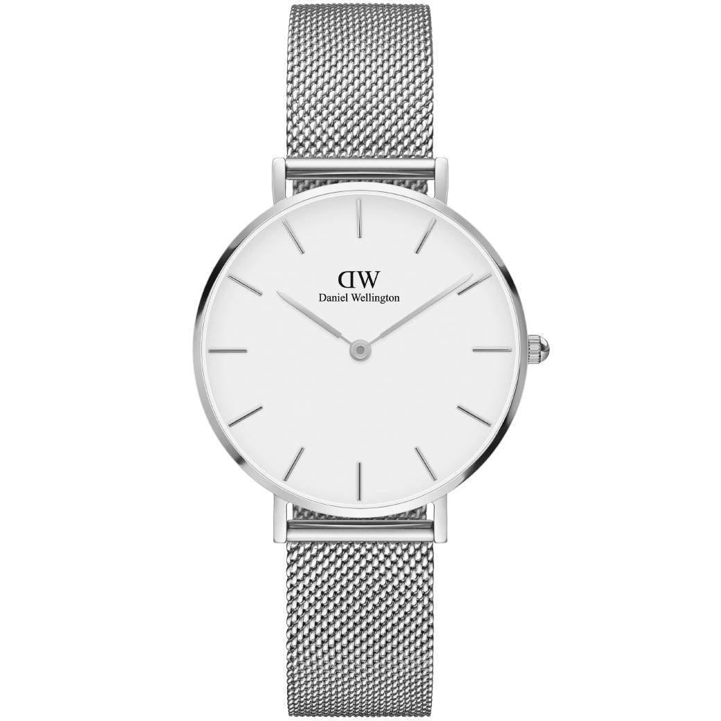 Daniel Wellington Classic Petite Sterling 32mm zeigt eine elegante Armbanduhr in Silber mit Mesh-Armband. Modell DW00100164.