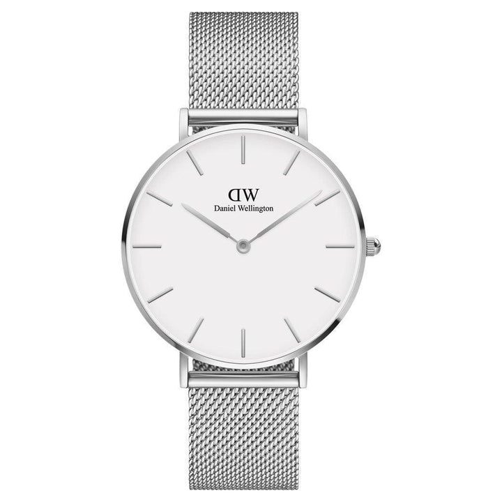Daniel Wellington Classic Petite Sterling 36 mm Uhr mit silbernem Mesh-Armband und weißem Zifferblatt, Modell DW00100306-ADW00100306.