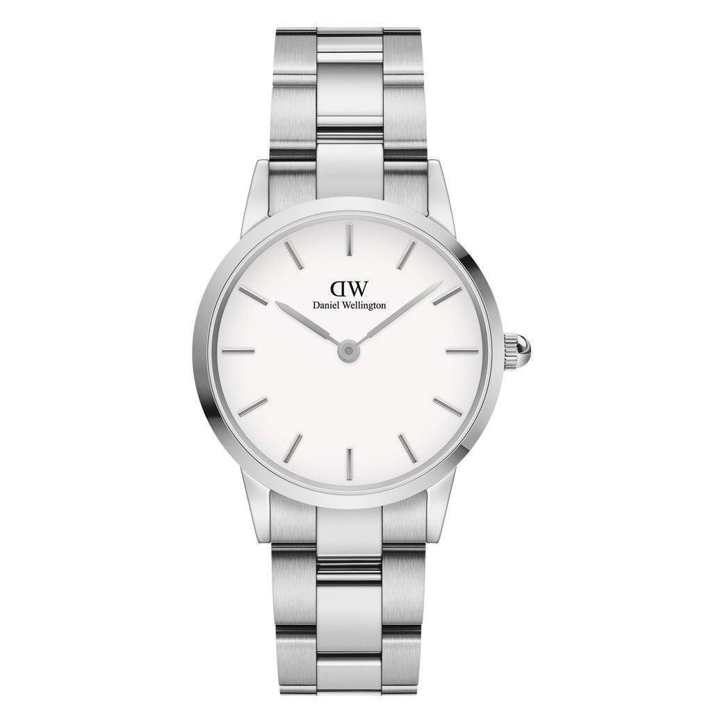Daniel Wellington Iconic Link 28mm zeigt eine elegante silberne Armbanduhr mit weißem Zifferblatt. Modell DW00100207.