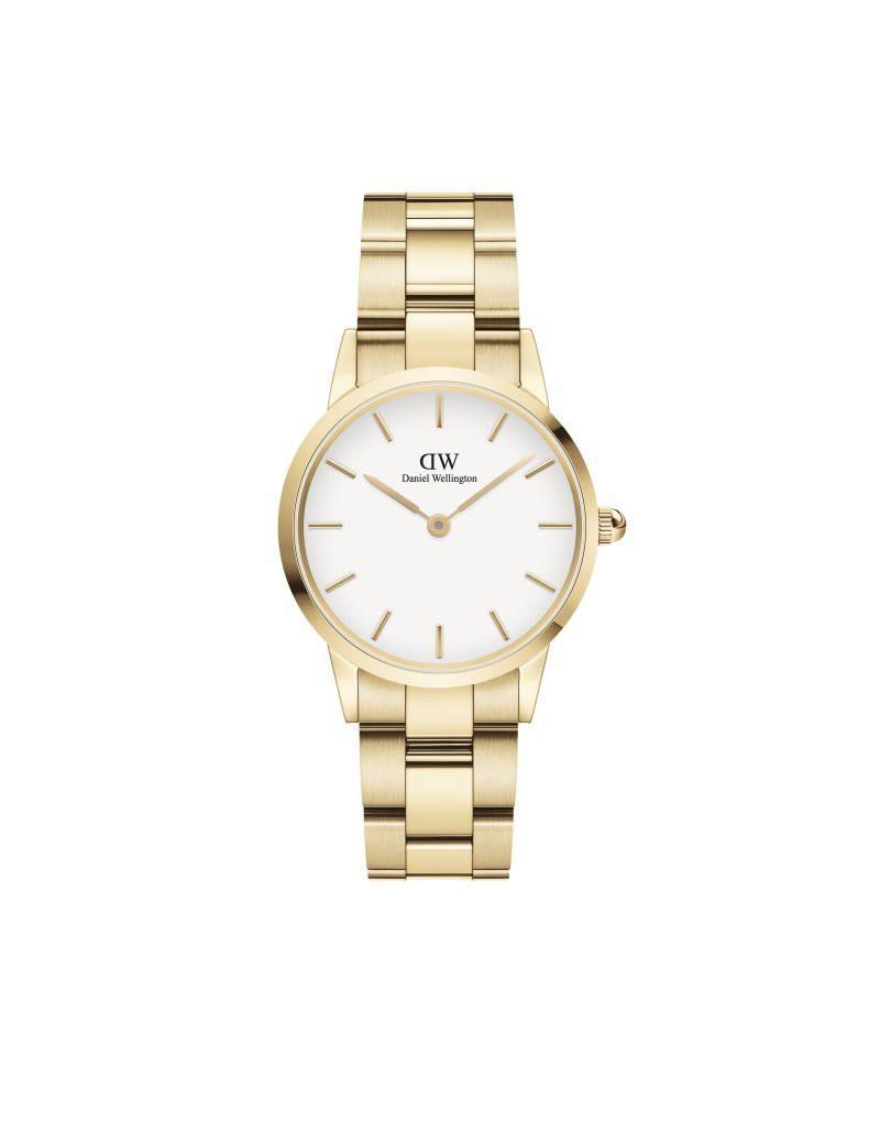 Daniel Wellington Iconic Link 28 mm, präsentiert mit goldfarbenem Link und weißem Zifferblatt. Modell DW00100567.